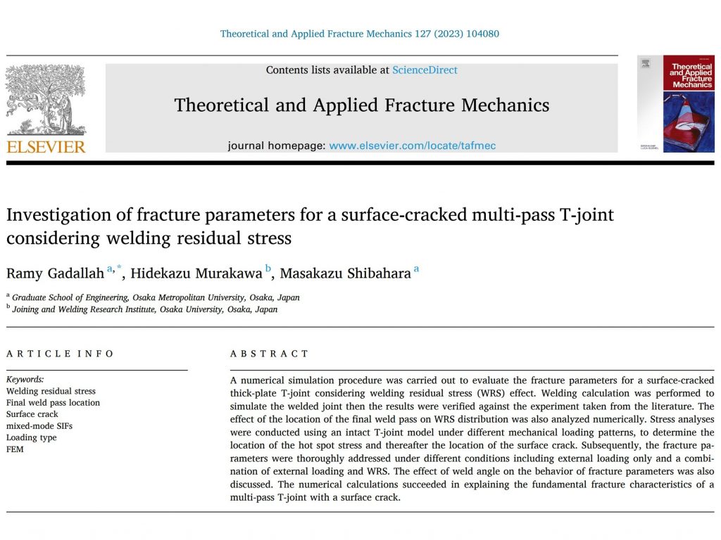 論文：柴原研究室Ramy特任准教授らがJournal : Theoretical and Applied Fracture Mechanicsに投稿していた、疲労亀裂進展に関する論文がPublishされました。