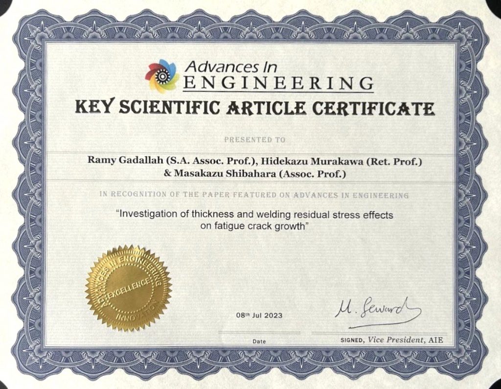 報告：柴原研究室Ramy特任准教授らが執筆した論文がAdvances in Engineering (AIE)のKey Scientific Articleに選出されました。